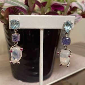 Sterling Silver Handmade Moonstone, Tanzanite, Blue Topaz and Ruby Earrings
